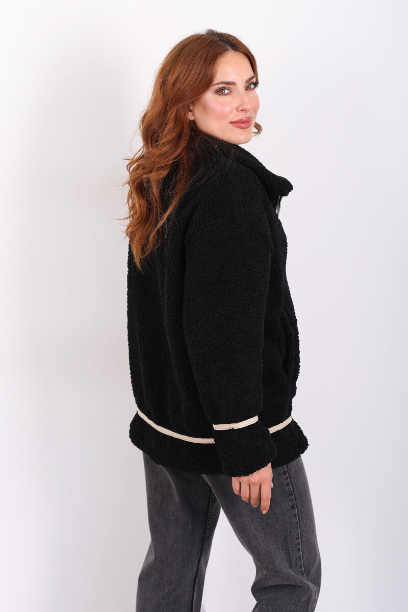Biyeli Cepli Siyah Kadın Peluş Ceket - 5