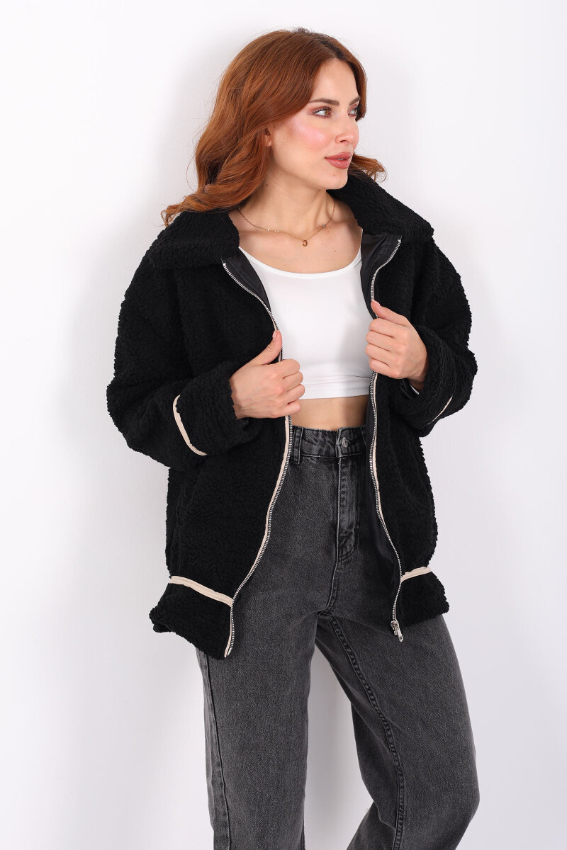 Biyeli Cepli Siyah Kadın Peluş Ceket - 3