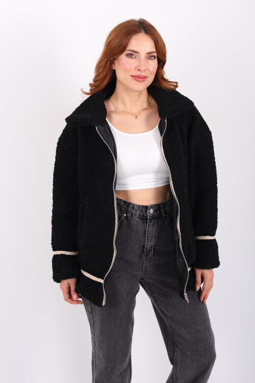 Biyeli Cepli Siyah Kadın Peluş Ceket - 6