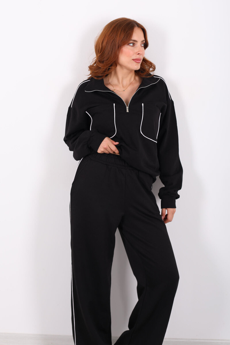 Biyeli Çift Cepli Siyah Kadın İkili Takım - 1