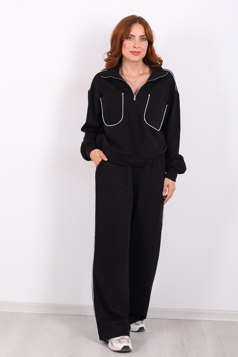 Biyeli Çift Cepli Siyah Kadın İkili Takım - 7