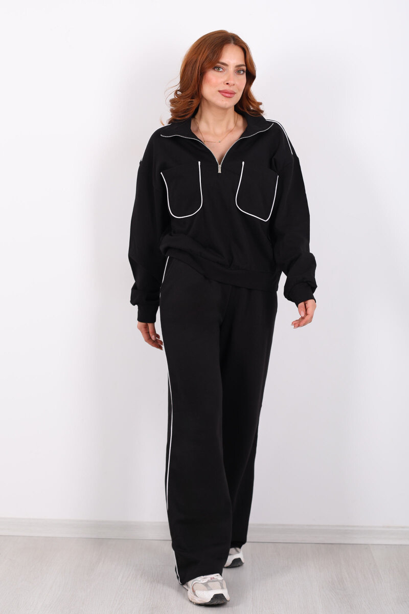 Biyeli Çift Cepli Siyah Kadın İkili Takım - 5