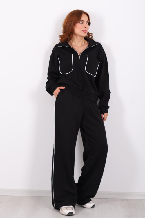 Biyeli Çift Cepli Siyah Kadın İkili Takım - 3