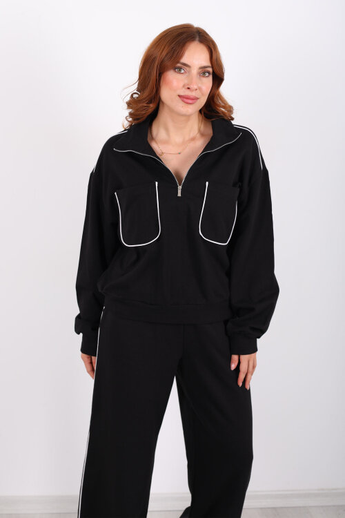 Biyeli Çift Cepli Siyah Kadın İkili Takım - 8