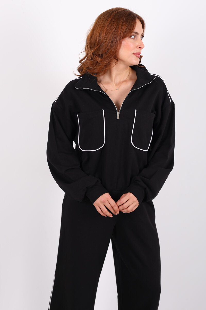 Biyeli Çift Cepli Siyah Kadın İkili Takım - 4