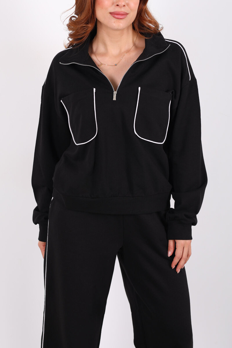 Biyeli Çift Cepli Siyah Kadın İkili Takım - 2