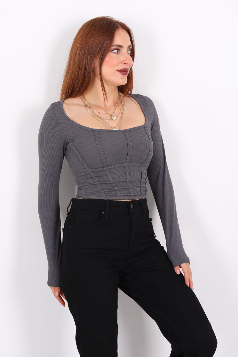 Biyeli Fitilli Kare Yaka Antrasit Kadın Bluz - 5