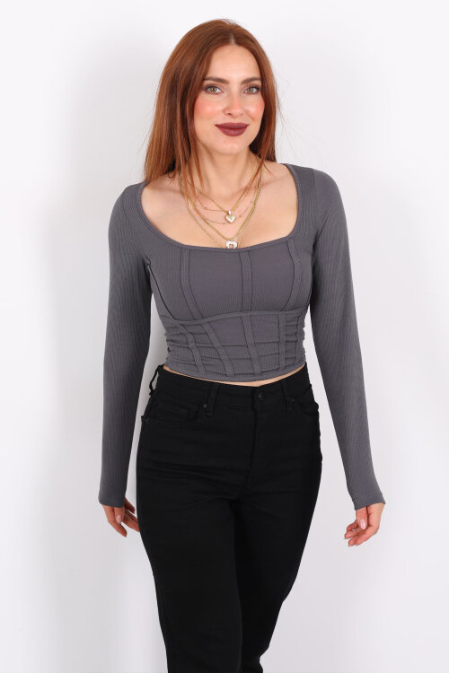 Biyeli Fitilli Kare Yaka Antrasit Kadın Bluz - 3