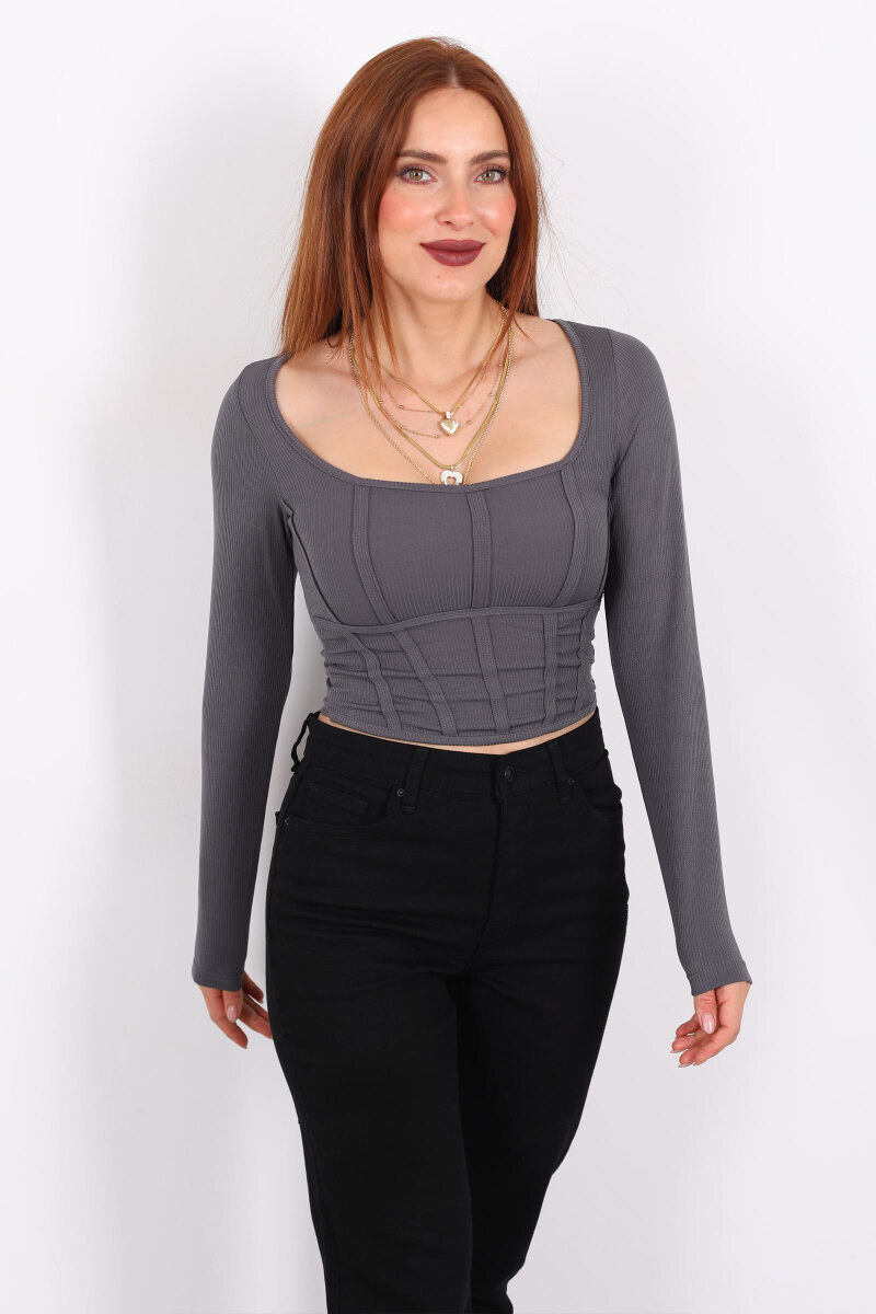 Biyeli Fitilli Kare Yaka Antrasit Kadın Bluz - 3