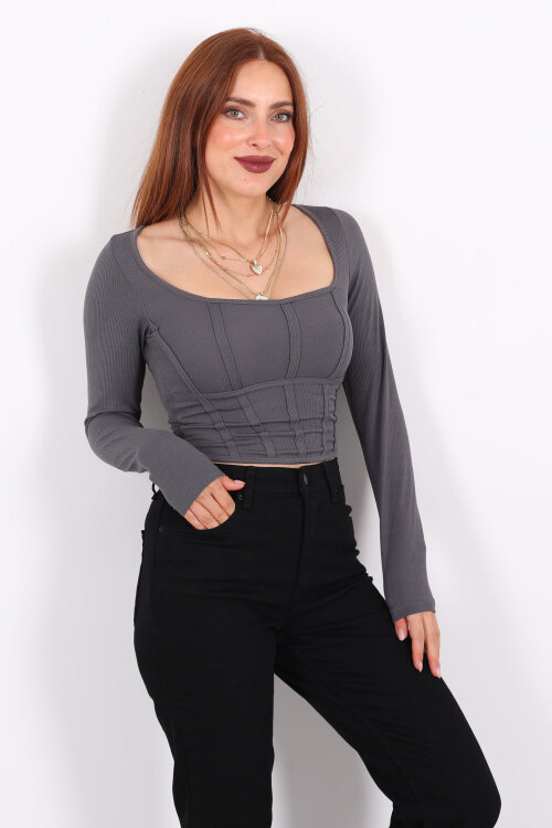 Biyeli Fitilli Kare Yaka Antrasit Kadın Bluz 