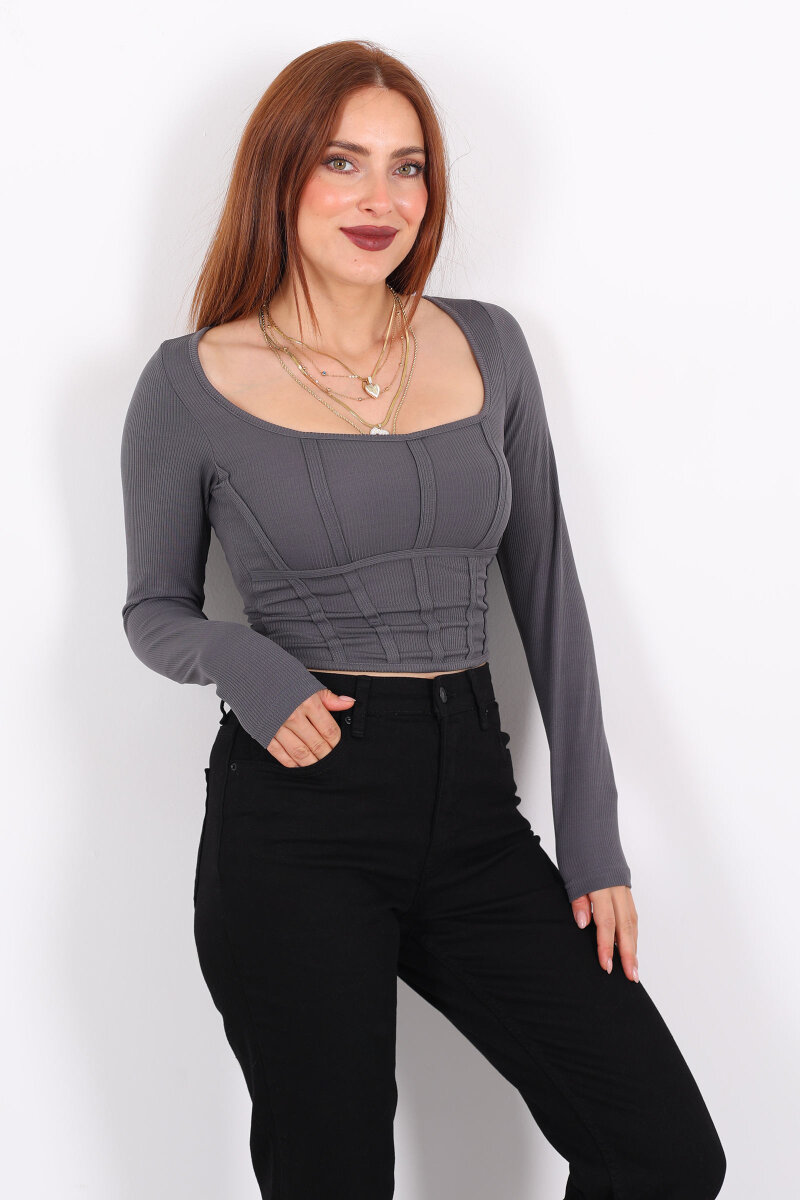 Biyeli Fitilli Kare Yaka Antrasit Kadın Bluz - 1