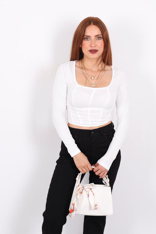 Biyeli Fitilli Kare Yaka Beyaz Kadın Bluz - 5