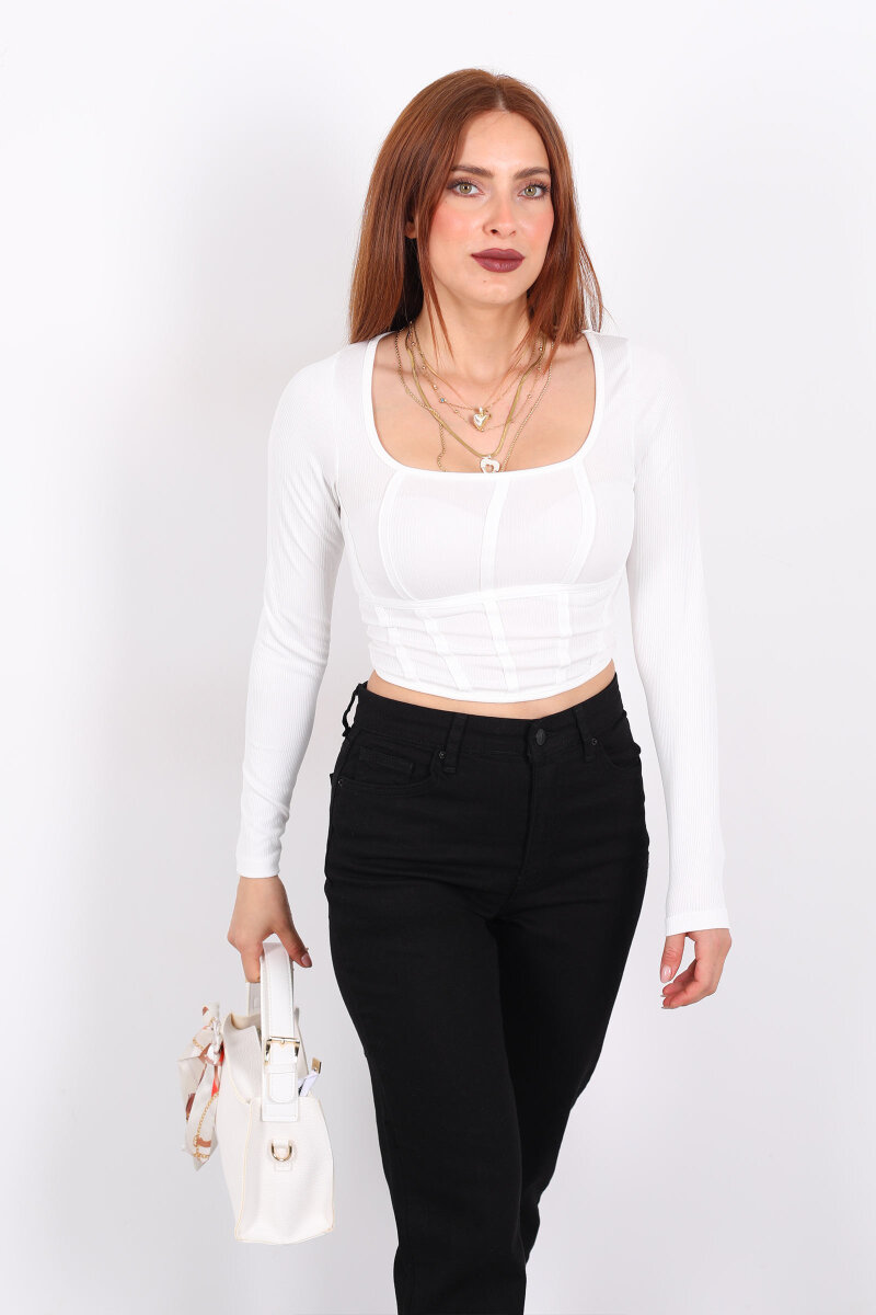 Biyeli Fitilli Kare Yaka Beyaz Kadın Bluz - 1