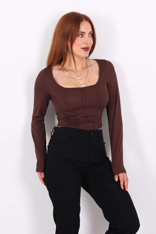 Biyeli Fitilli Kare Yaka Kahverengi Kadın Bluz 