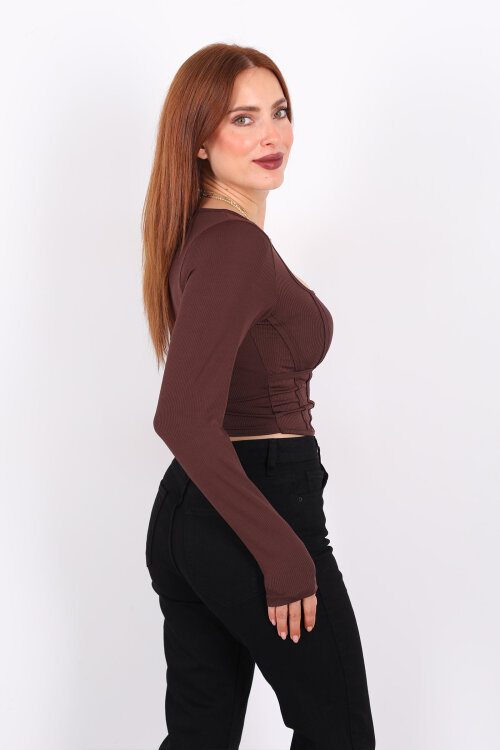 Biyeli Fitilli Kare Yaka Kahverengi Kadın Bluz - 4