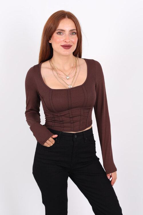 Biyeli Fitilli Kare Yaka Kahverengi Kadın Bluz - 5