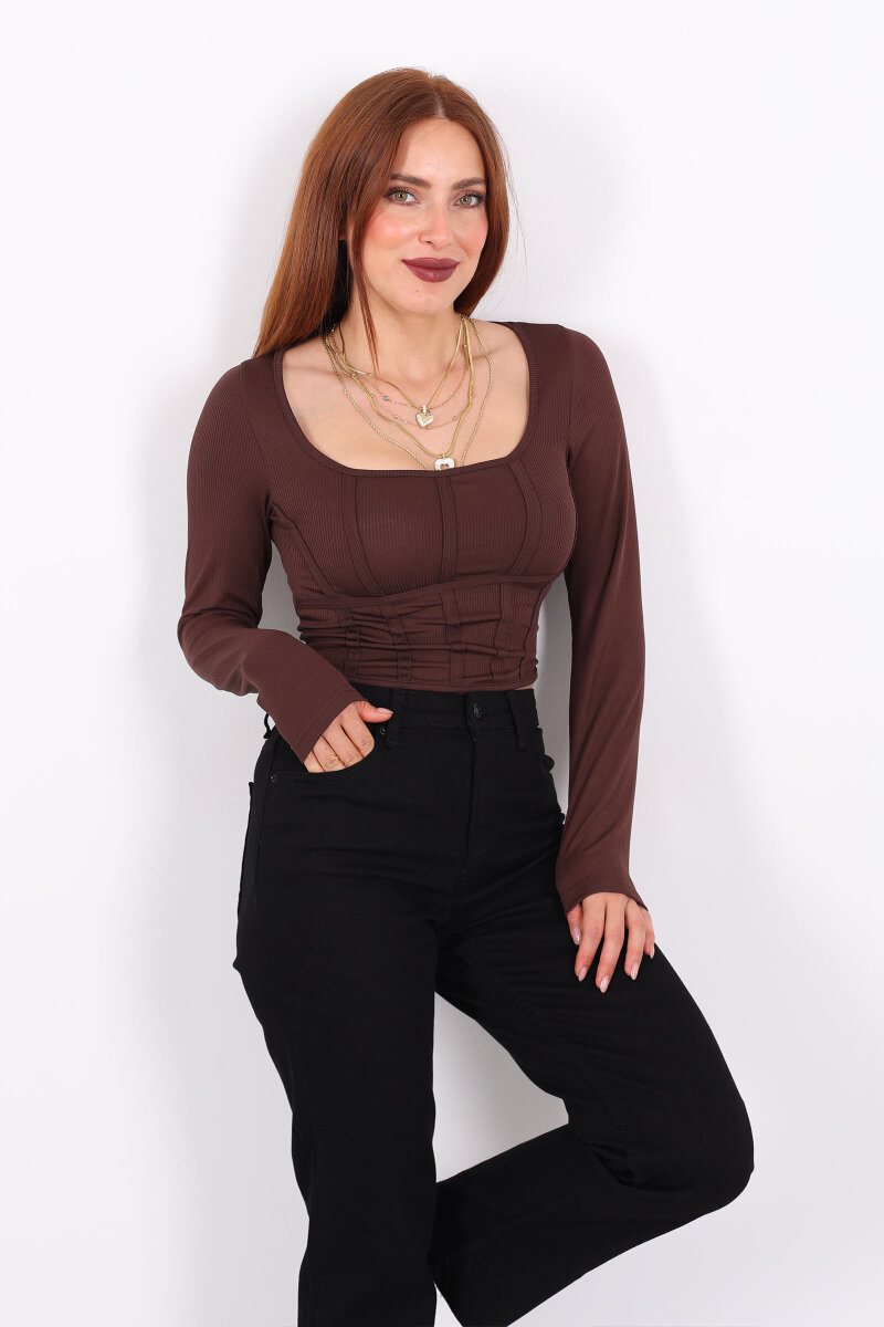 Biyeli Fitilli Kare Yaka Kahverengi Kadın Bluz - 3