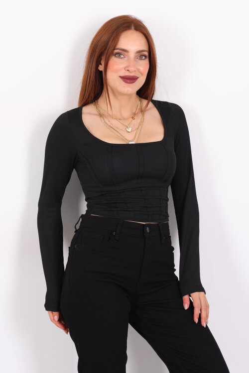 Biyeli Fitilli Kare Yaka Siyah Kadın Bluz - 4