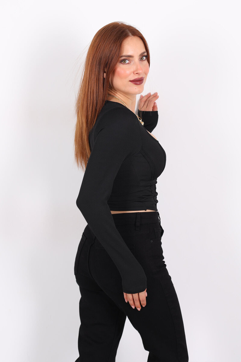 Biyeli Fitilli Kare Yaka Siyah Kadın Bluz - 3