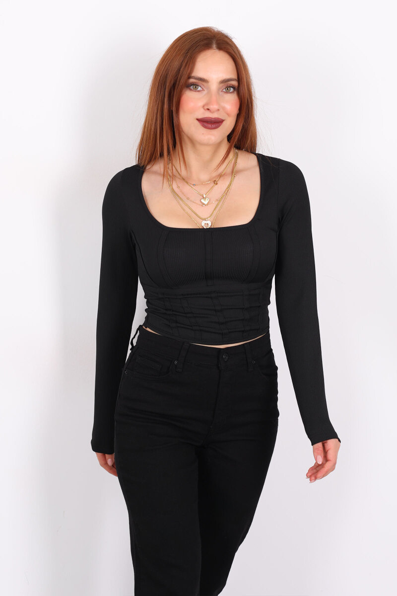 Biyeli Fitilli Kare Yaka Siyah Kadın Bluz - 2