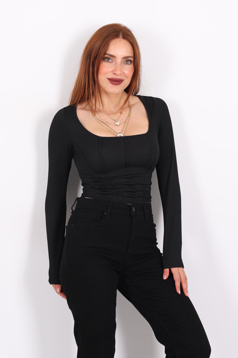 Biyeli Fitilli Kare Yaka Siyah Kadın Bluz - 5