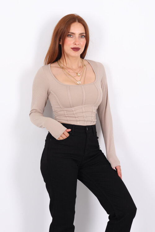 Biyeli Fitilli Kare Yaka Taş Rengi Kadın Bluz - 4