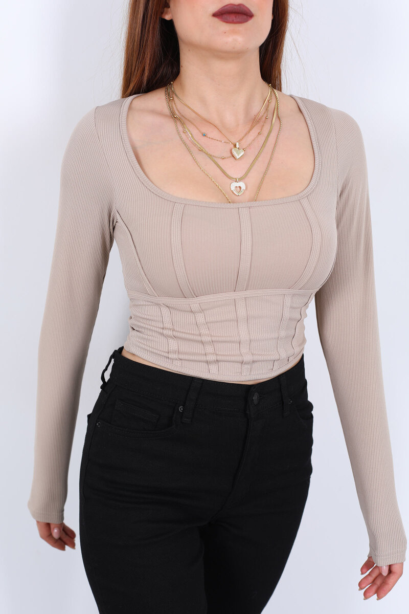 Biyeli Fitilli Kare Yaka Taş Rengi Kadın Bluz - 2