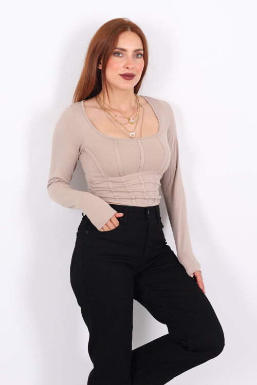 Biyeli Fitilli Kare Yaka Taş Rengi Kadın Bluz - Berox