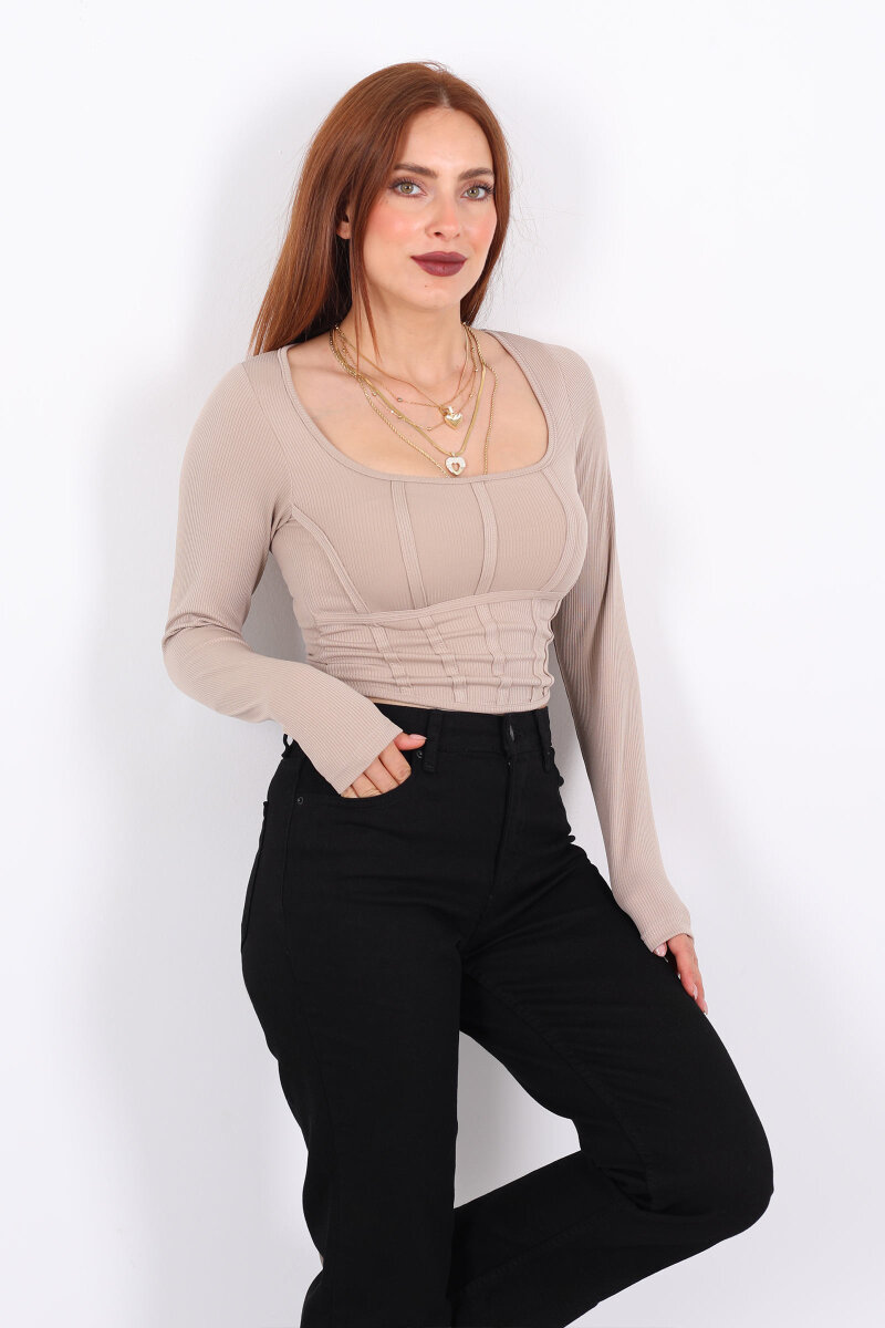 Biyeli Fitilli Kare Yaka Taş Rengi Kadın Bluz - 1