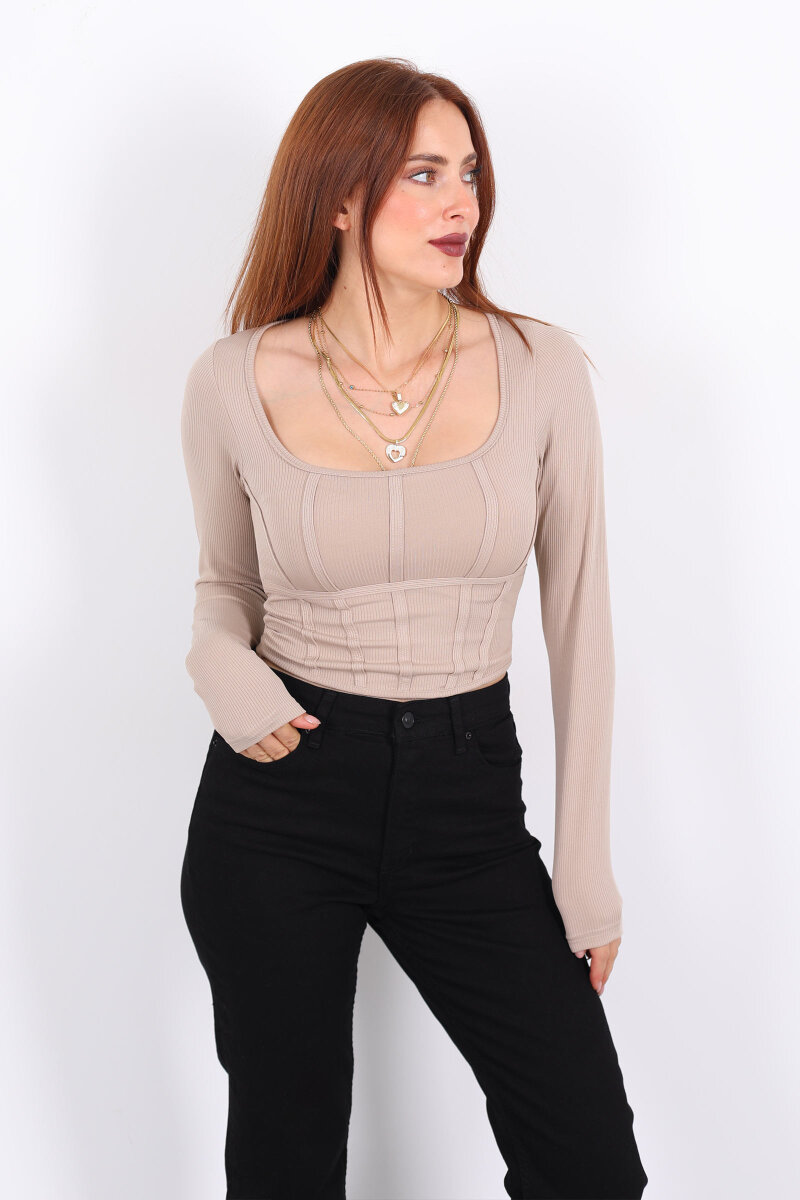 Biyeli Fitilli Kare Yaka Taş Rengi Kadın Bluz - 3