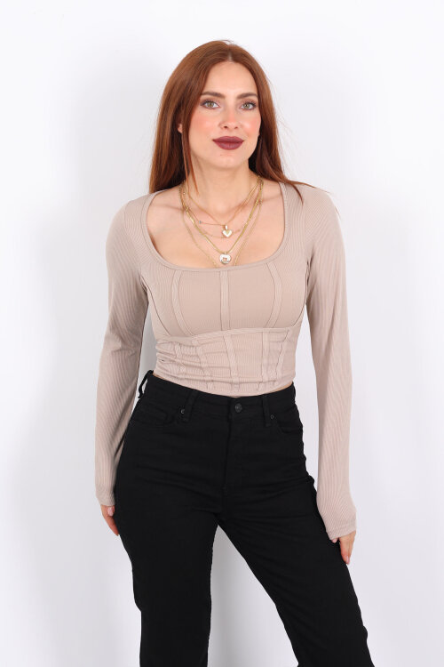 Biyeli Fitilli Kare Yaka Taş Rengi Kadın Bluz - 6