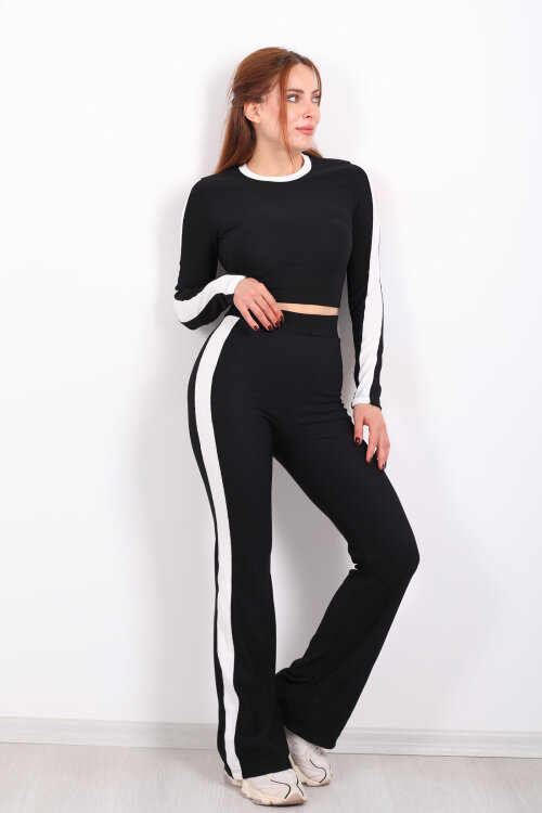 Biyeli İspanyol Paça Siyah Kadın Crop - Pantolon Ottoman Takım - 3