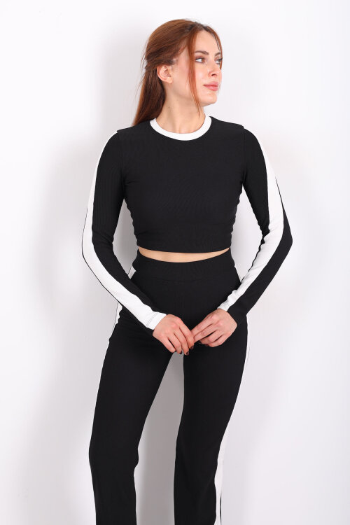 Biyeli İspanyol Paça Siyah Kadın Crop - Pantolon Ottoman Takım - 4