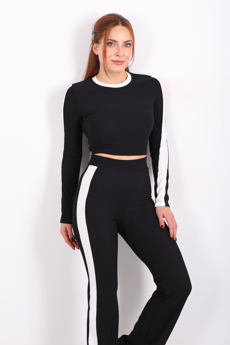 Biyeli İspanyol Paça Siyah Kadın Crop - Pantolon Ottoman Takım - 6