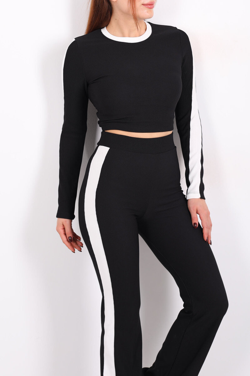 Biyeli İspanyol Paça Siyah Kadın Crop - Pantolon Ottoman Takım - 2