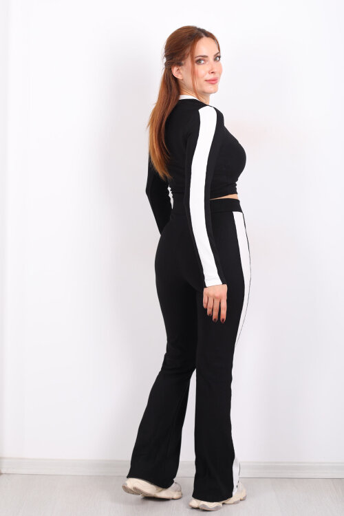 Biyeli İspanyol Paça Siyah Kadın Crop - Pantolon Ottoman Takım - 5