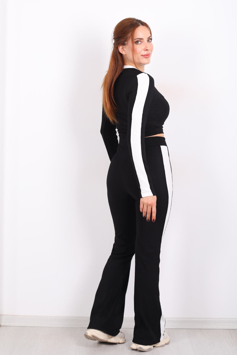 Biyeli İspanyol Paça Siyah Kadın Crop - Pantolon Ottoman Takım - 5