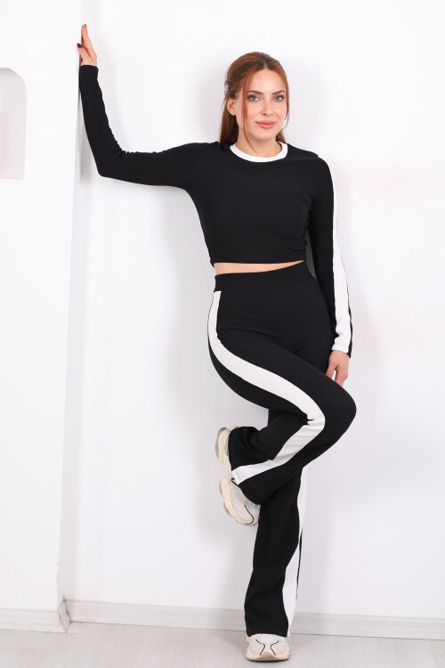 Biyeli İspanyol Paça Siyah Kadın Crop - Pantolon Ottoman Takım - Berox