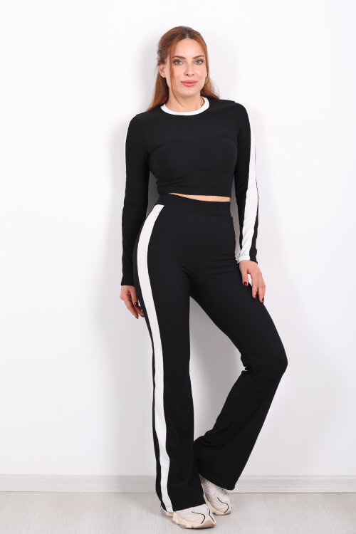 Biyeli İspanyol Paça Siyah Kadın Crop - Pantolon Ottoman Takım - 7