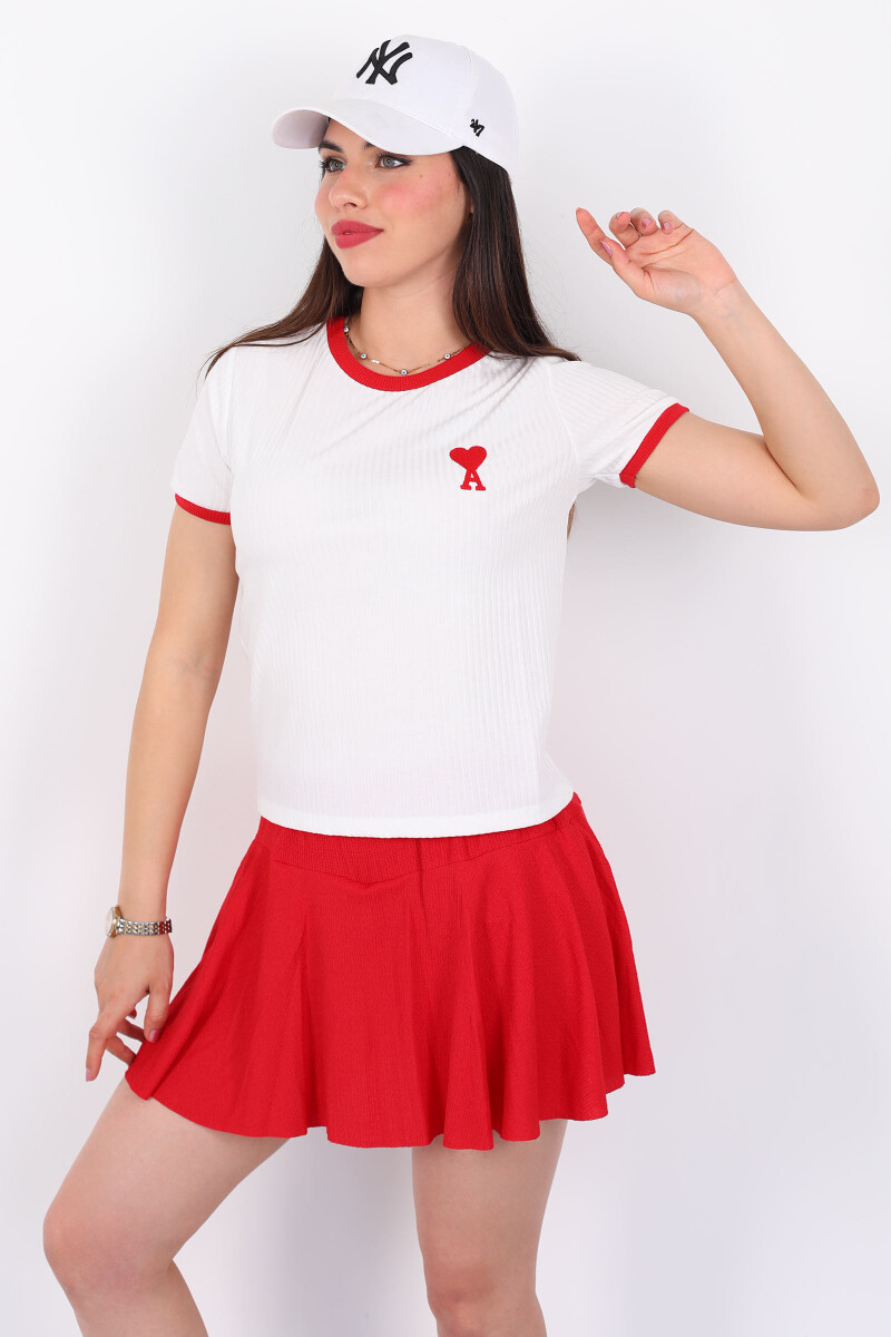 Biyeli A Kalp Nakışlı Kısa Kol Fitilli Beyaz Kadın T-Shirt - 3