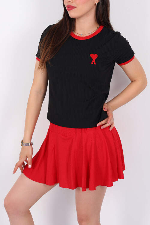 Biyeli A Kalp Nakışlı Kısa Kol Fitilli Siyah Kadın T-Shirt - 2