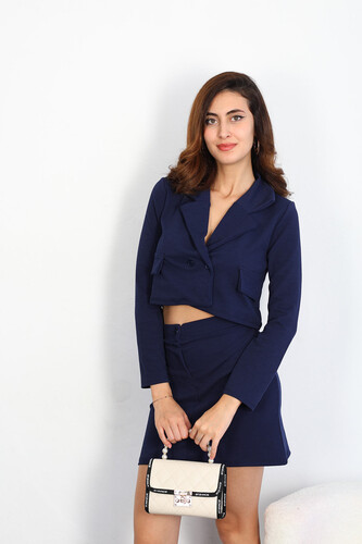 Blazer Crop Ceket Etek Lacivert Kadın Takım - 2