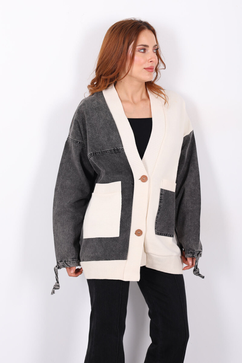 Bloklu Füme Kadın Triko Hırka - 5