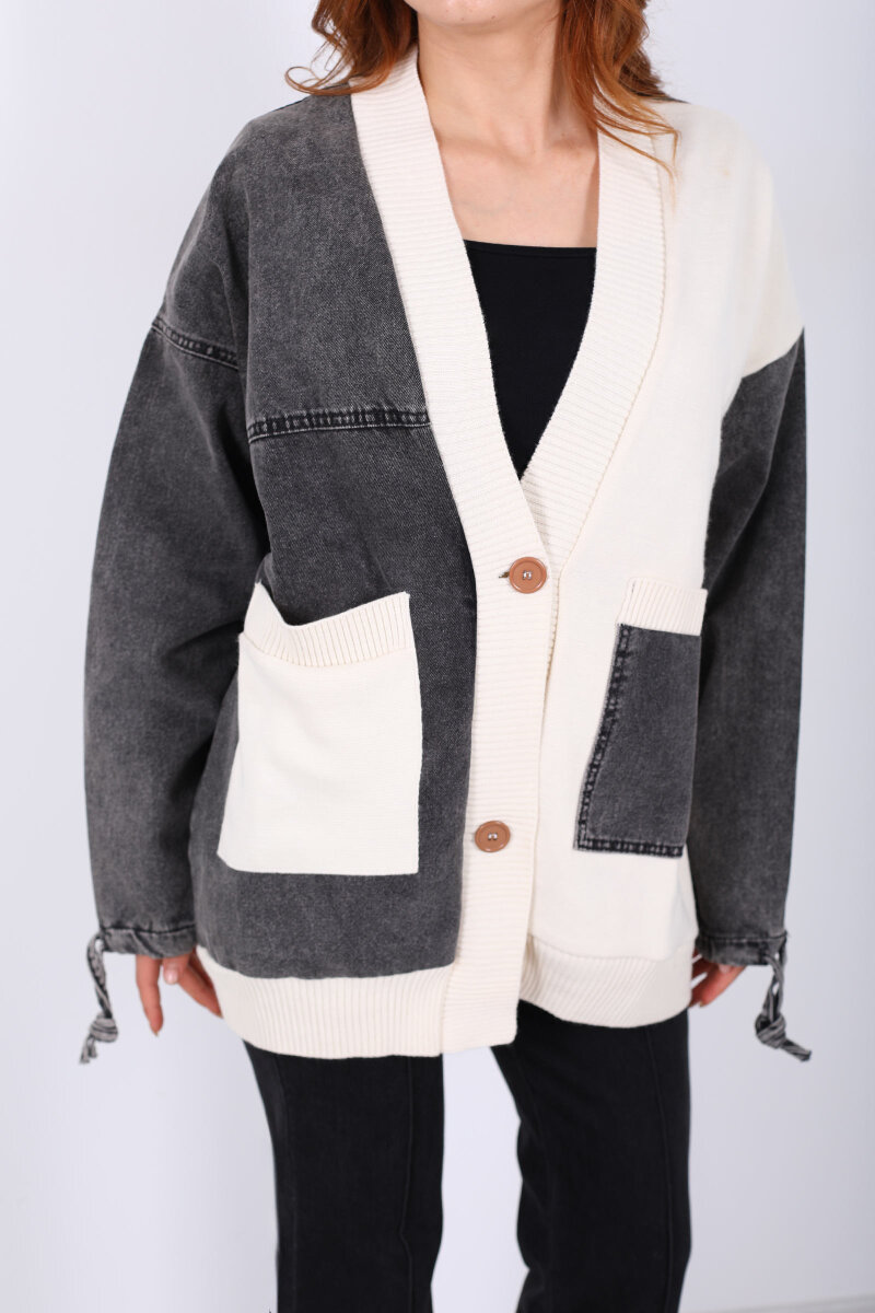 Bloklu Füme Kadın Triko Hırka - 2