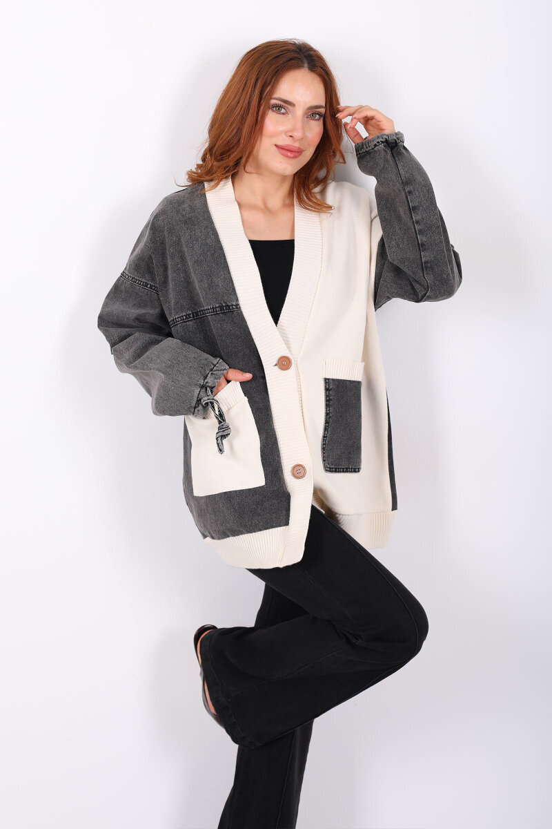 Bloklu Füme Kadın Triko Hırka - 1