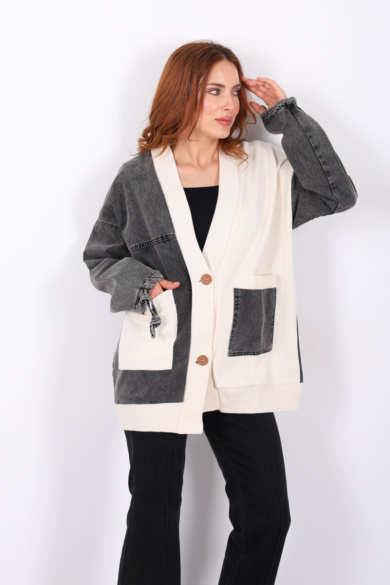 Bloklu Füme Kadın Triko Hırka - 3