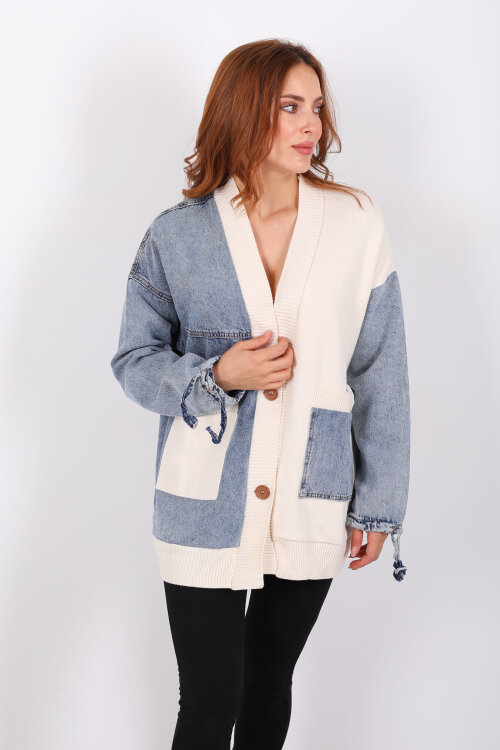 Bloklu Mavi Kadın Triko Hırka - 3