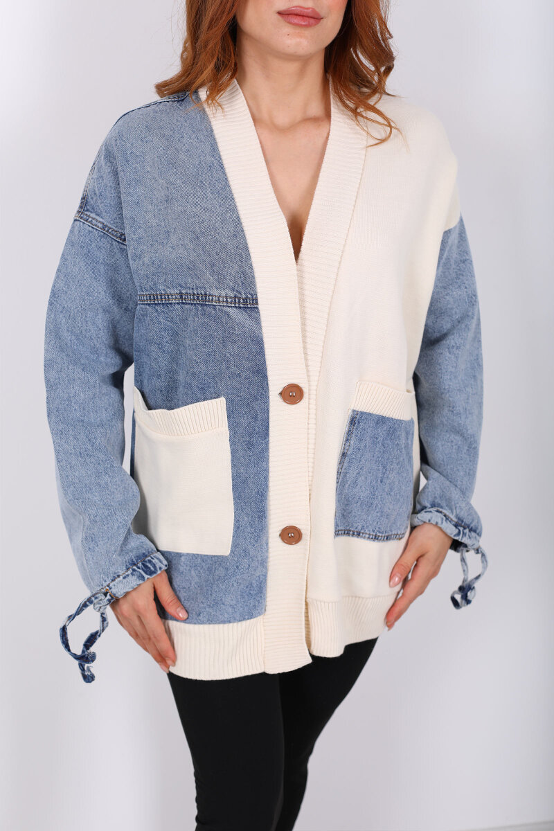 Bloklu Mavi Kadın Triko Hırka - 2