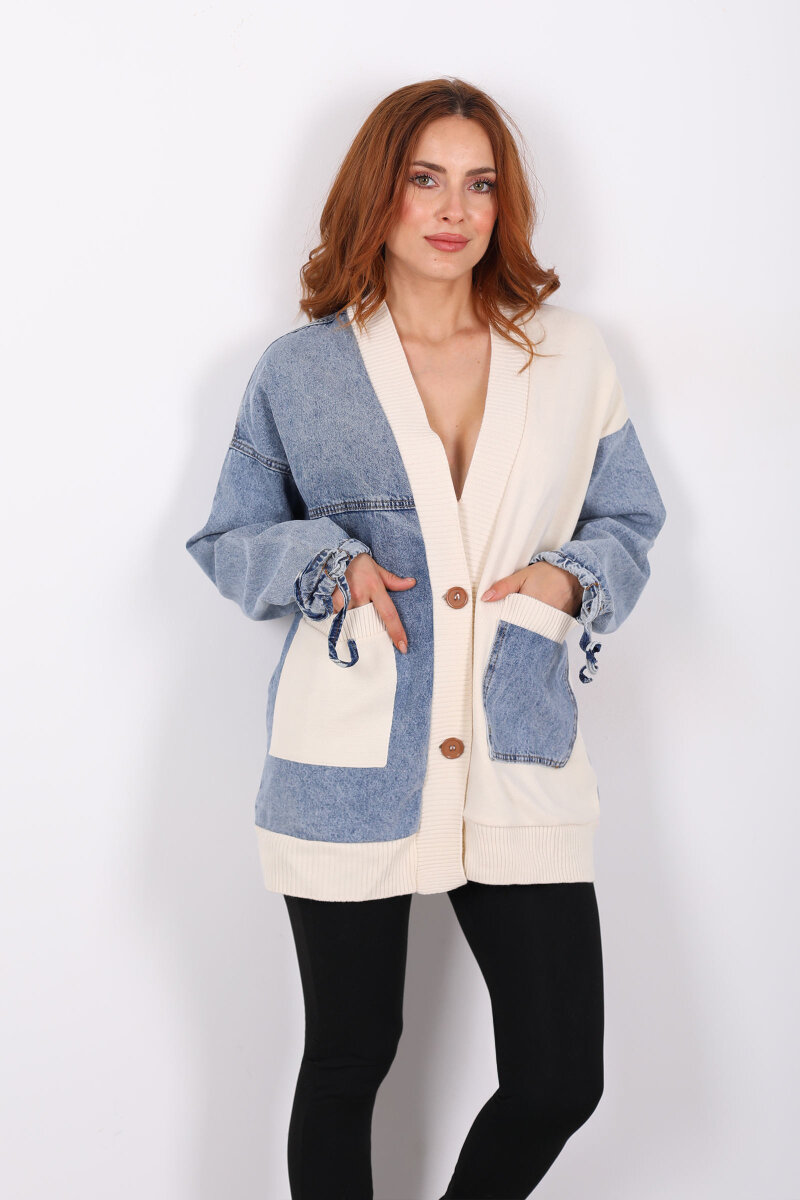 Bloklu Mavi Kadın Triko Hırka - 1