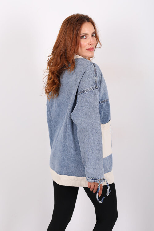 Bloklu Mavi Kadın Triko Hırka - 4